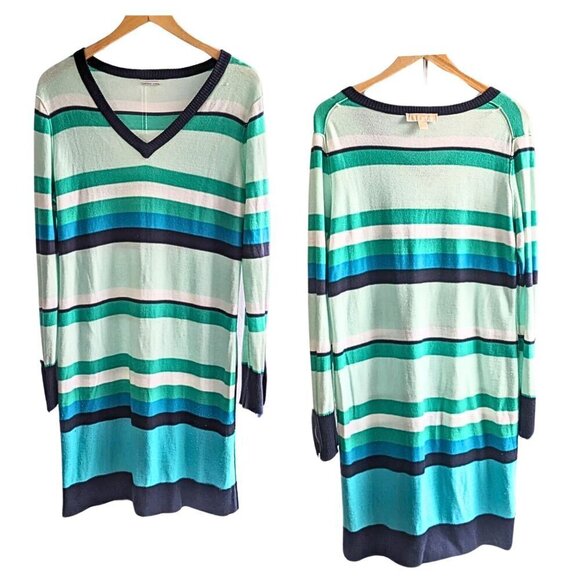 MICHAEL MICHAEL KORS Green Blue Stripe V-Neck LongSleeve Sweater Mini Dress Sz L - Picture 5 of 8